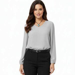 Chico's Gray Silver Shimmer V-Neck Blouse Lined Top Relaxed Sleeves Sz 2 (12/14)